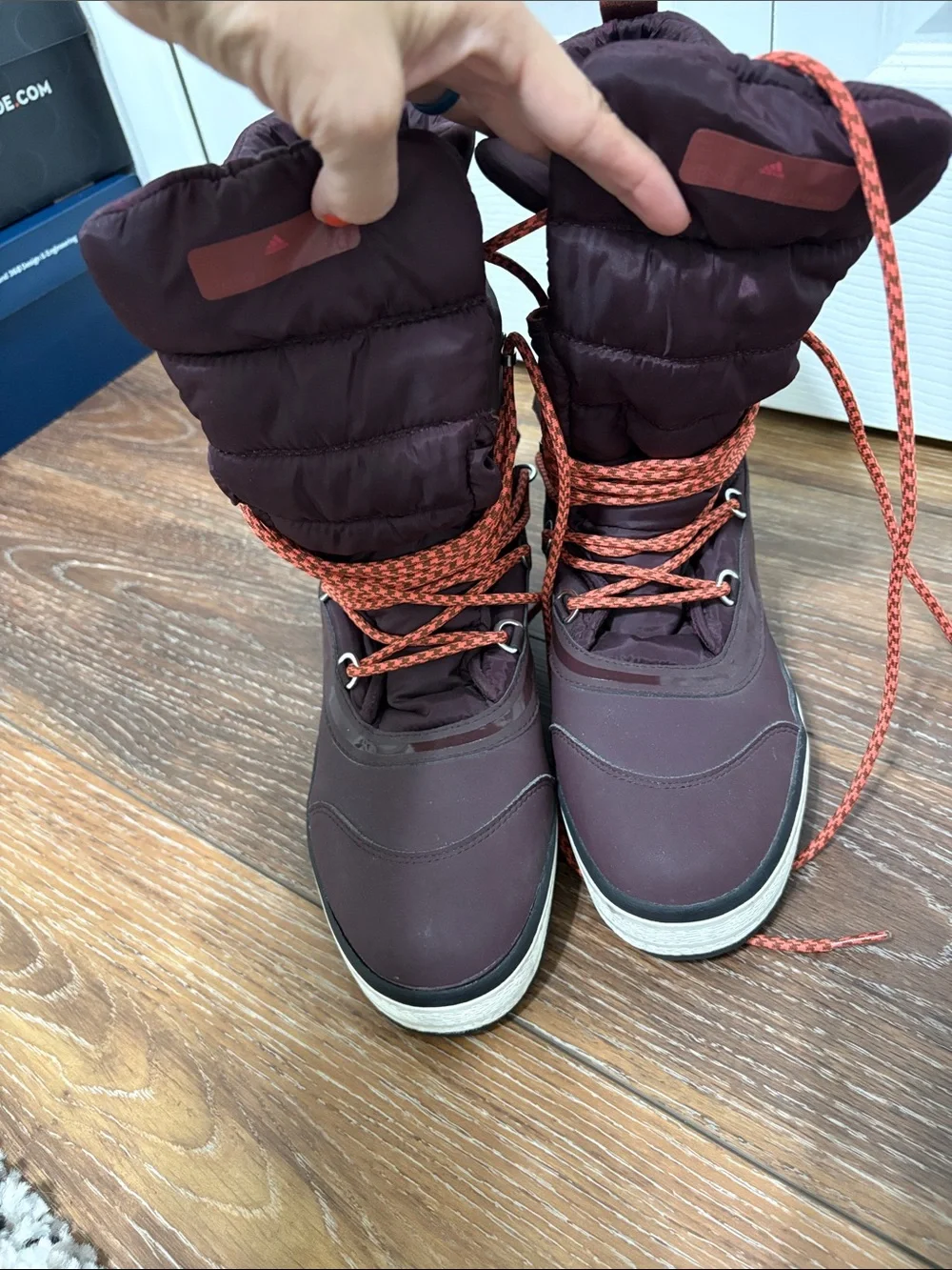 Adidas by Stella McCartney Burgundy Winter Lace-Up Boots with Orange Laces